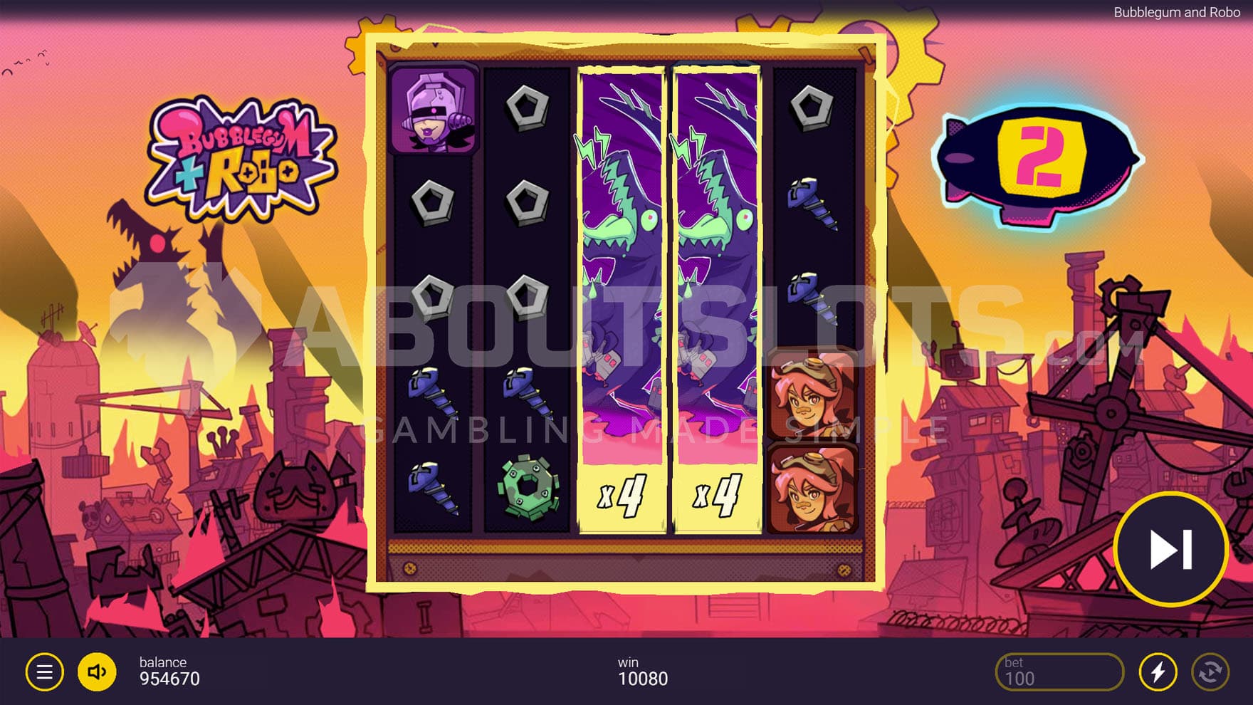 Free Spins bonus in progress, showing two sticky VS Wilds with multipliers of x4 on reels 3 and 4.