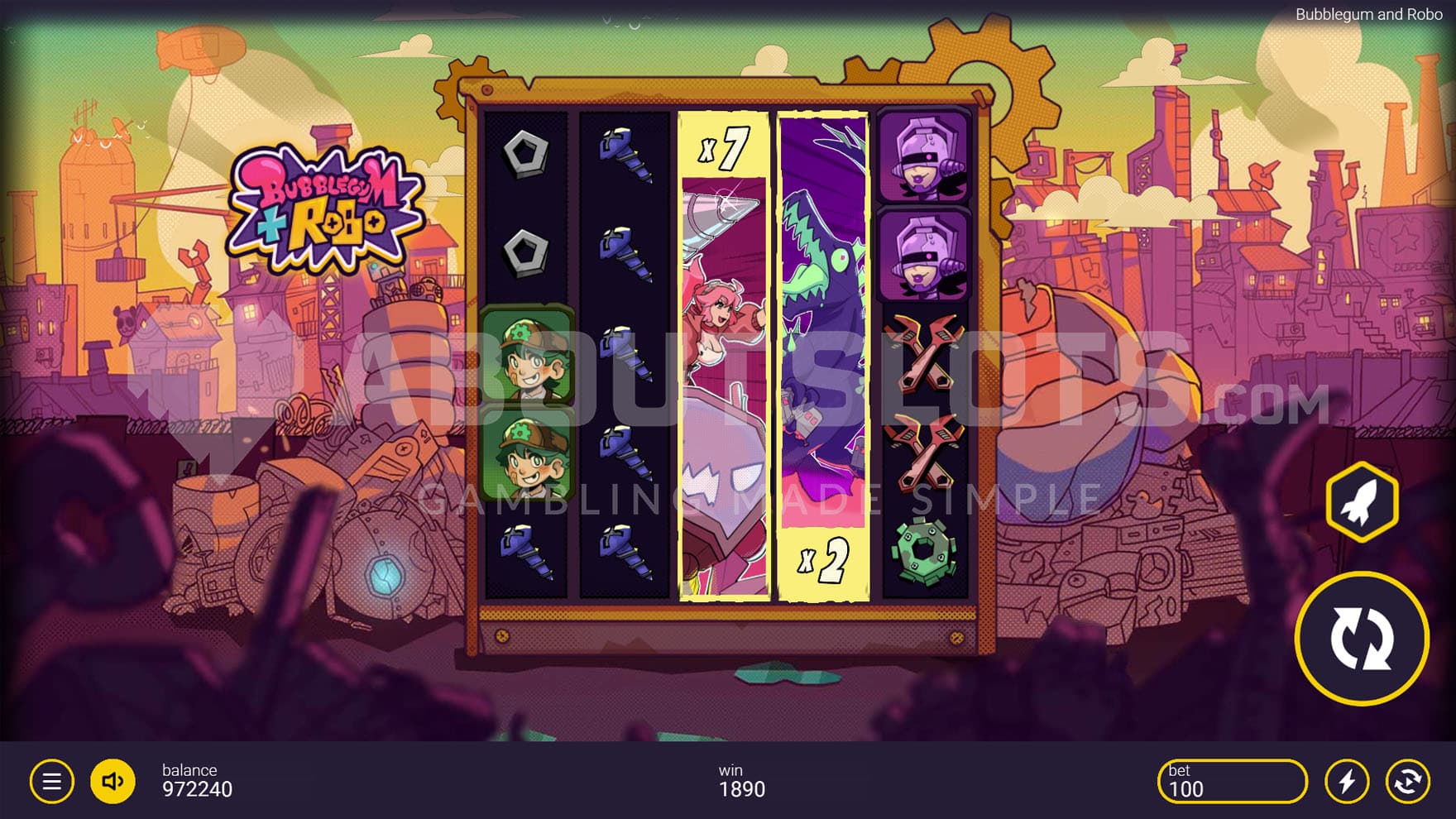 VS Wild feature triggered in the base game, showing 2 expanding Wilds with multipliers of x7 and x2 on reels 3 and 4.