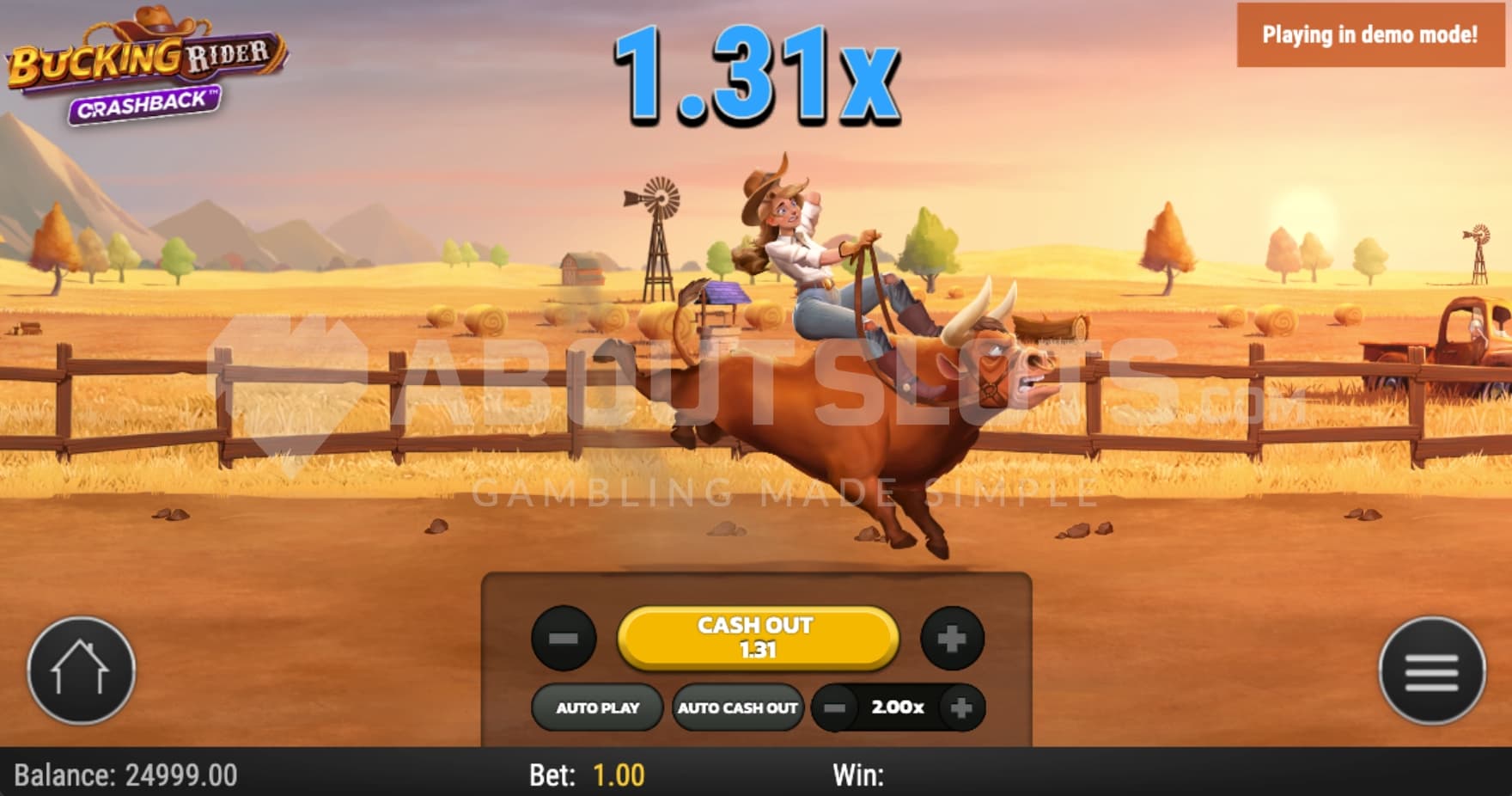 A cowgirl riding a bull, showing a 1.31X multiplier.