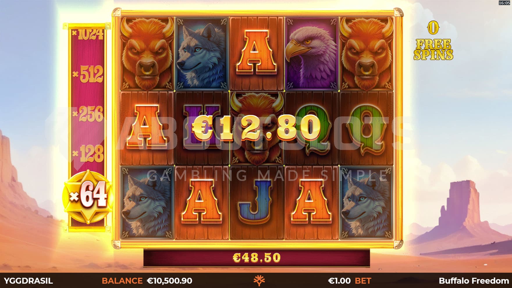 Free Spins bonus in progress with the multiplier trail advanced to x64.