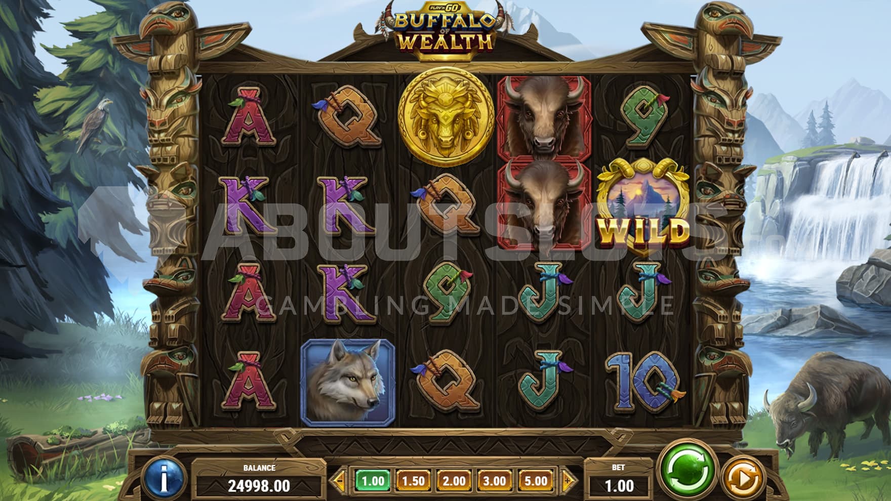 Base Game view of a 5x4 grid on a backdrop of a natural landscape with a waterfall and mountains in the distance.