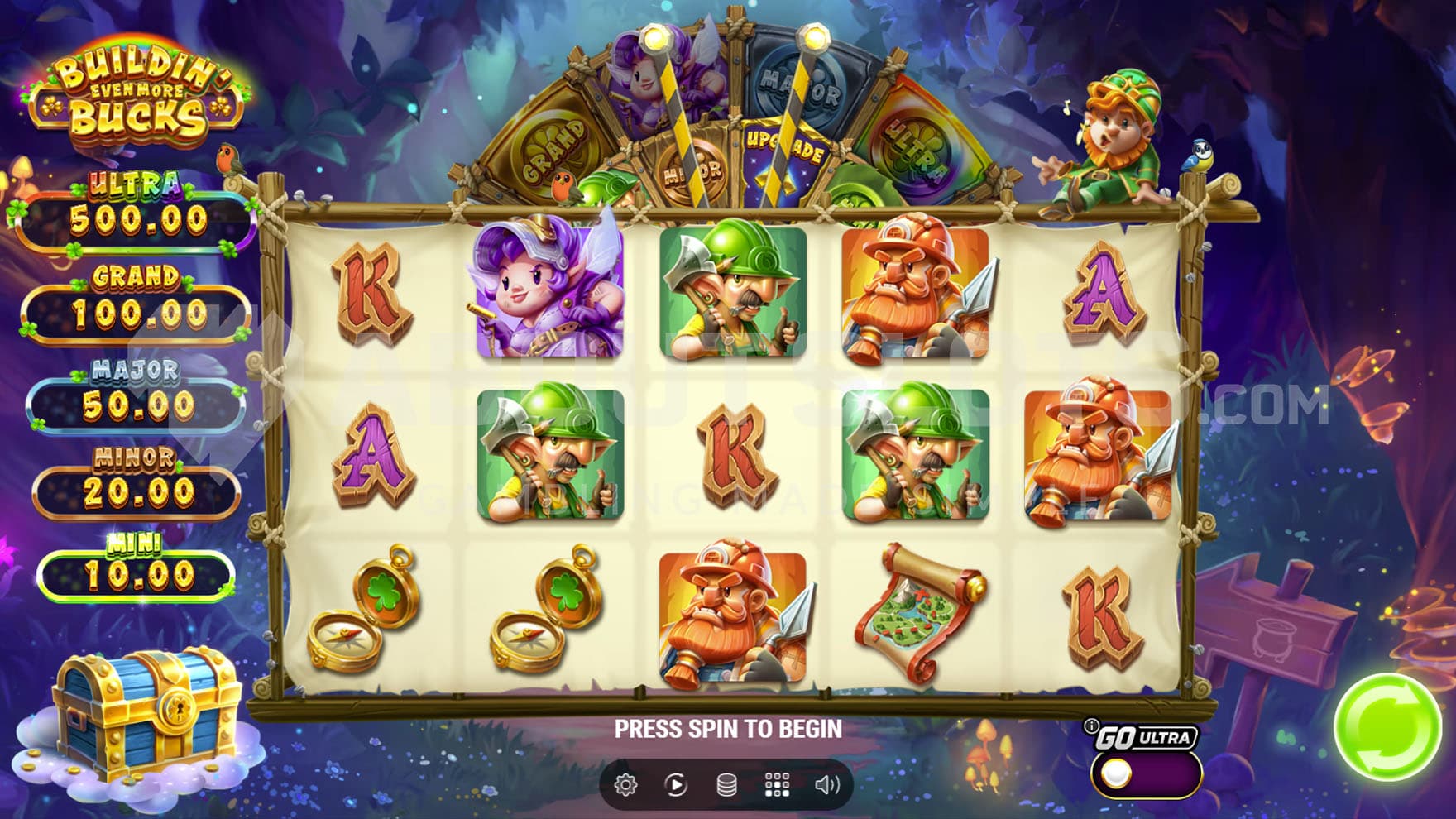 Base Game view of a 5x3 grid on a backdrop of a fairytale forest.