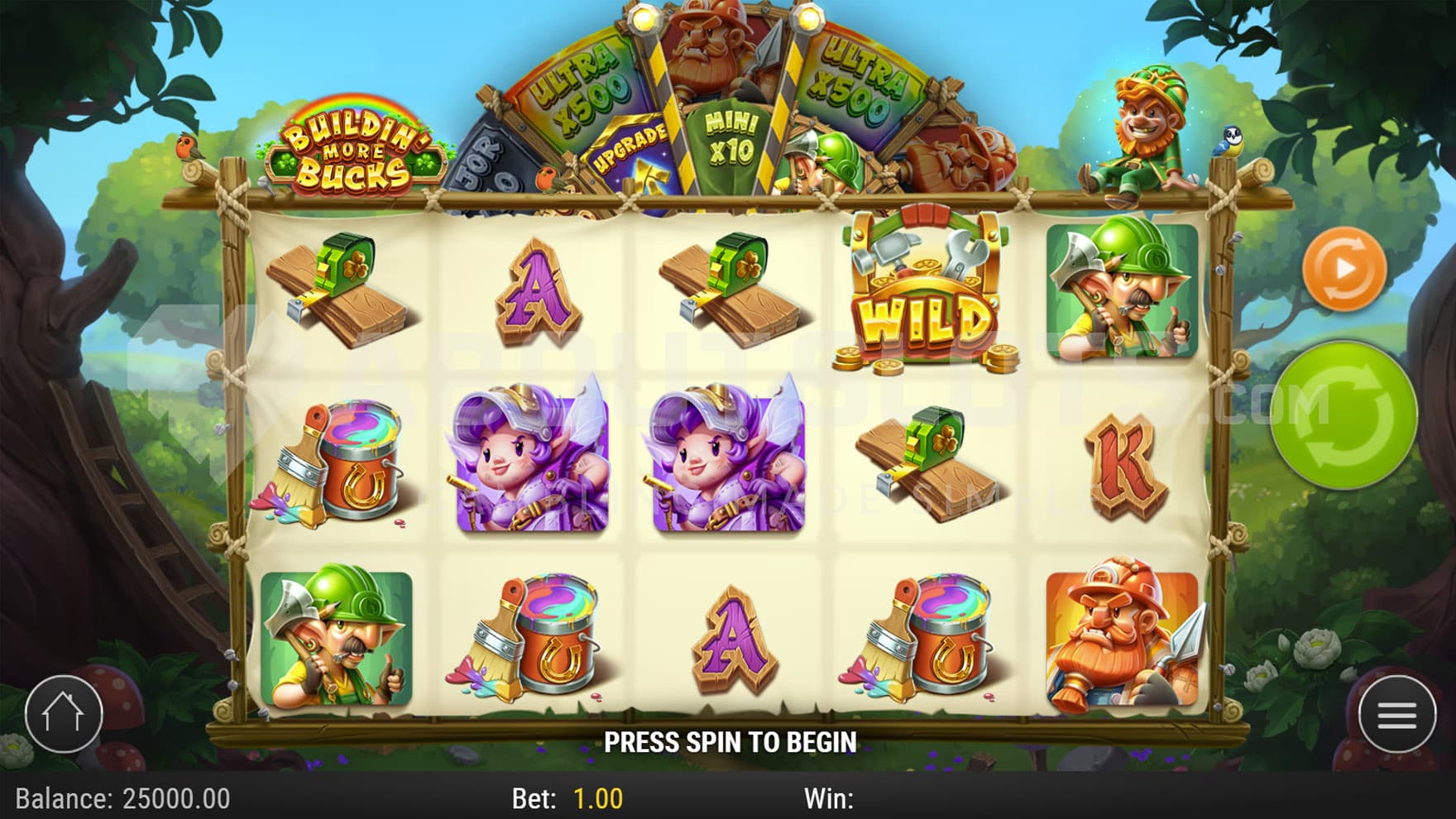 Base Game view of a 5x3 grid on a backdrop of a cartoony fairytale forest.