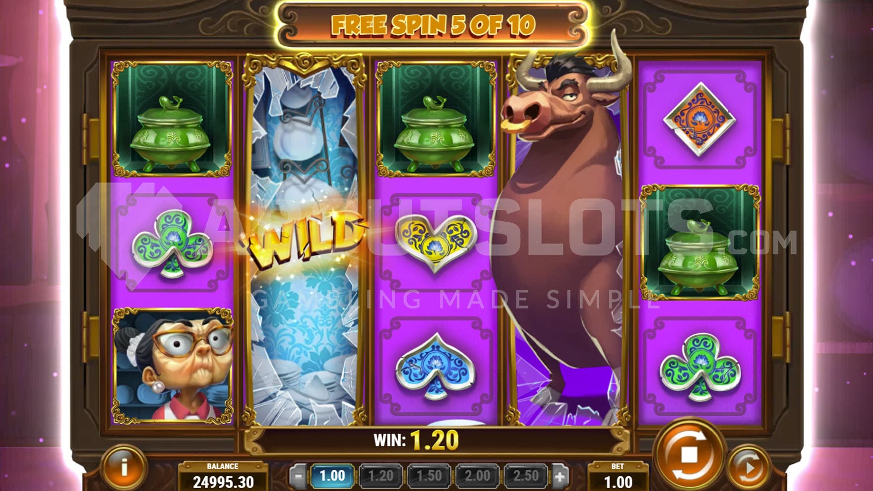 Proud Free Spins bonus in progress, showing 2 stacked Wilds being created on reels 2 & 4.