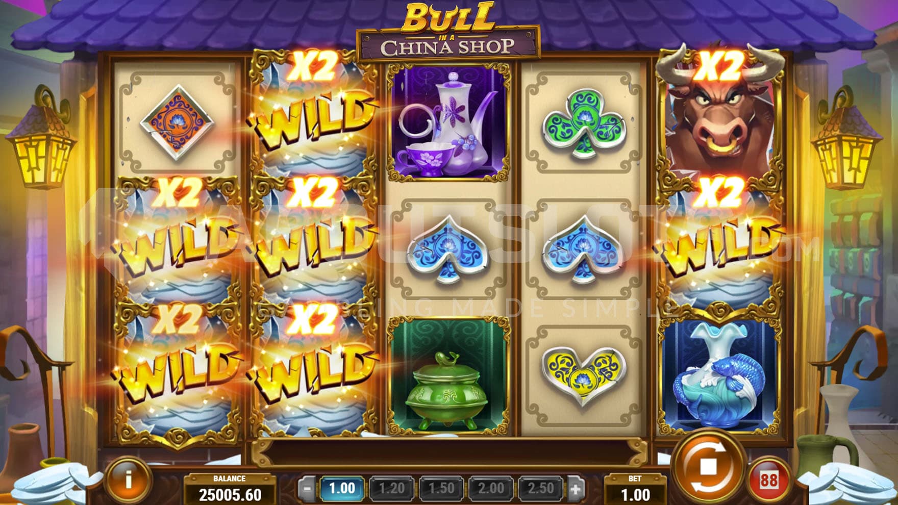 Angry Bull feature triggered in the base game, generating Wilds with an x2 multiplier in random positions.