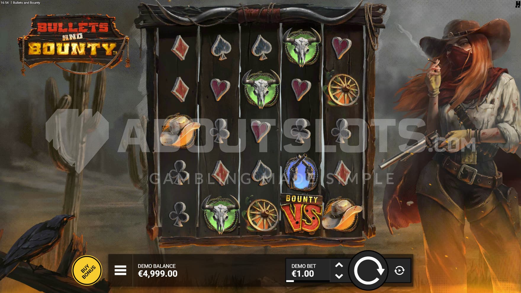 Base Game view of a 5x5 grid on a backdrop of dark Wild West landscape with a female bounty hunter standing on the right.