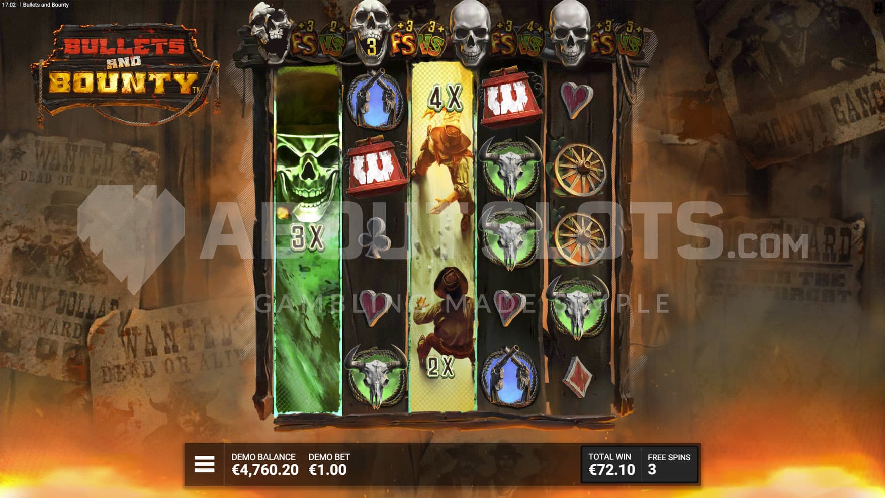 Four Shots to Freedom bonus in progress, showing a DuelSpin with 2 guaranteed VS Symbols.