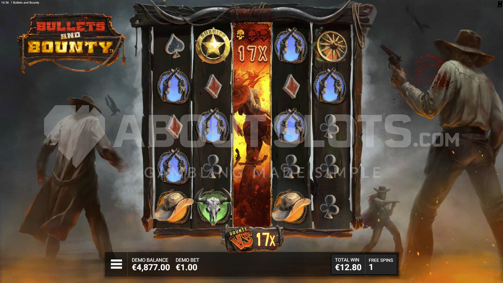 True Grit Bonus in progress, showing a Bounty VS symbol on the middle reel, increasing the progressive multiplier to 17x.