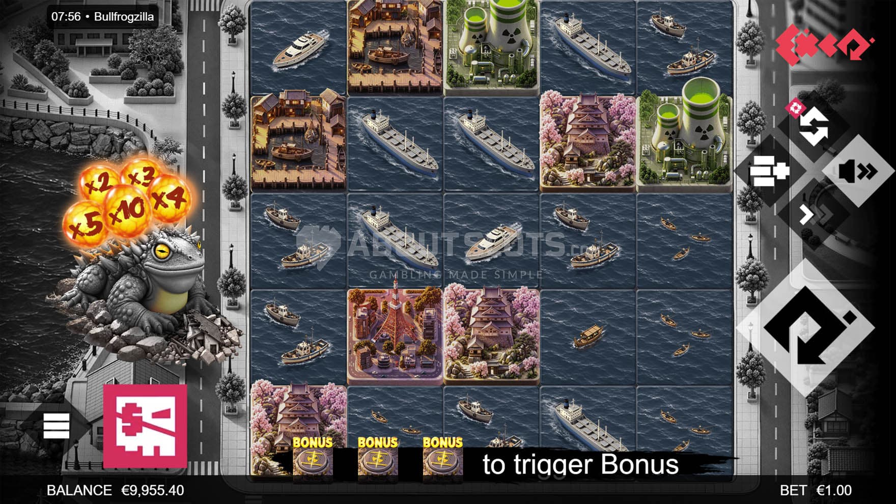 Screenshot of the base game, showing a 5x5 grid on a backdrop of a top-down view of a city.