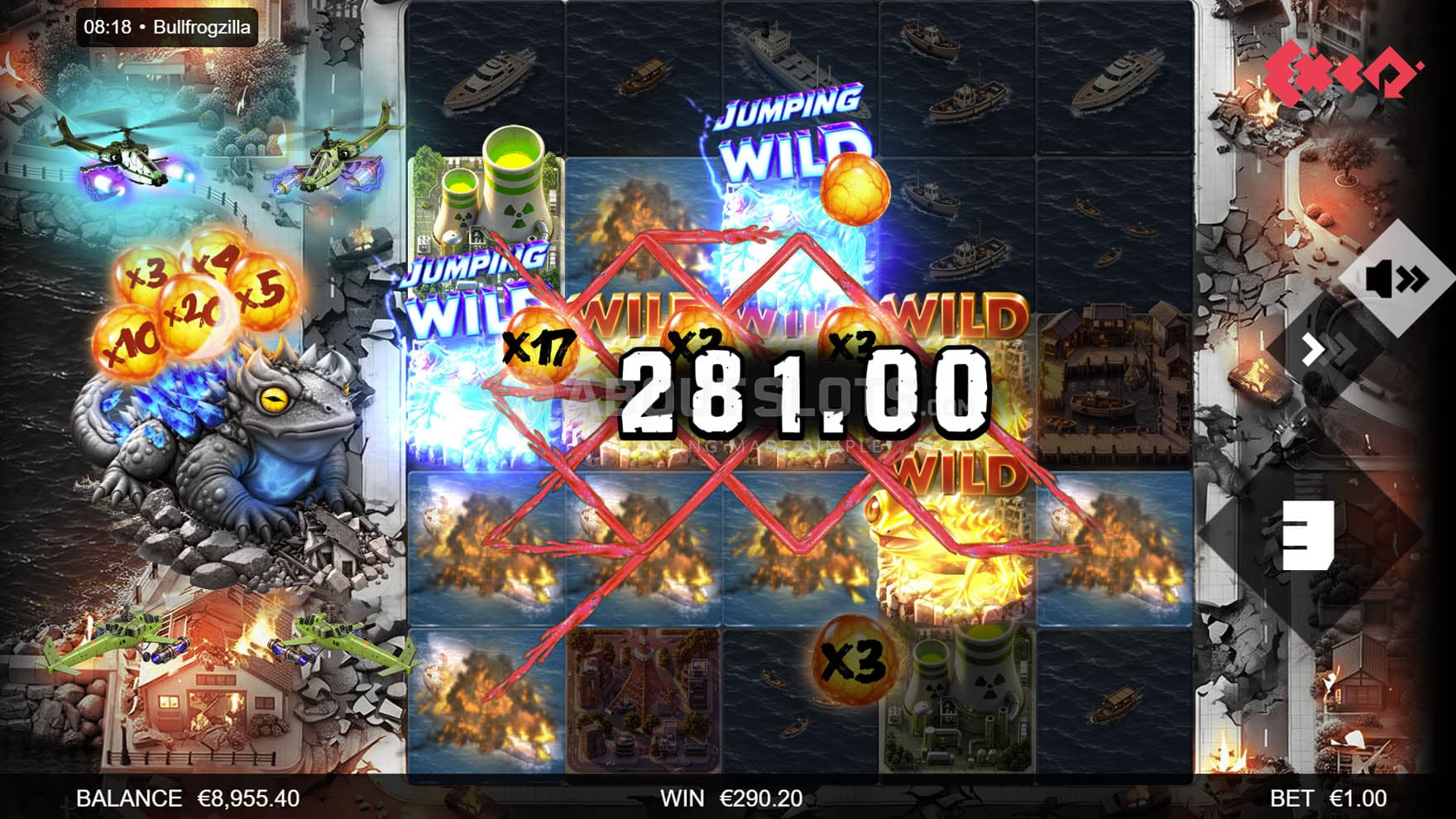 Screenshot of the Free Spins bonus in progress, showing a win with several Wilds and multipliers.