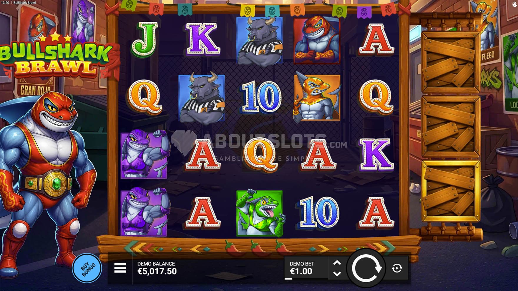 Screenshot of a base game, with a 5x4 grid on a backdrop of a back alley, with a shark wrestler standing on the left.