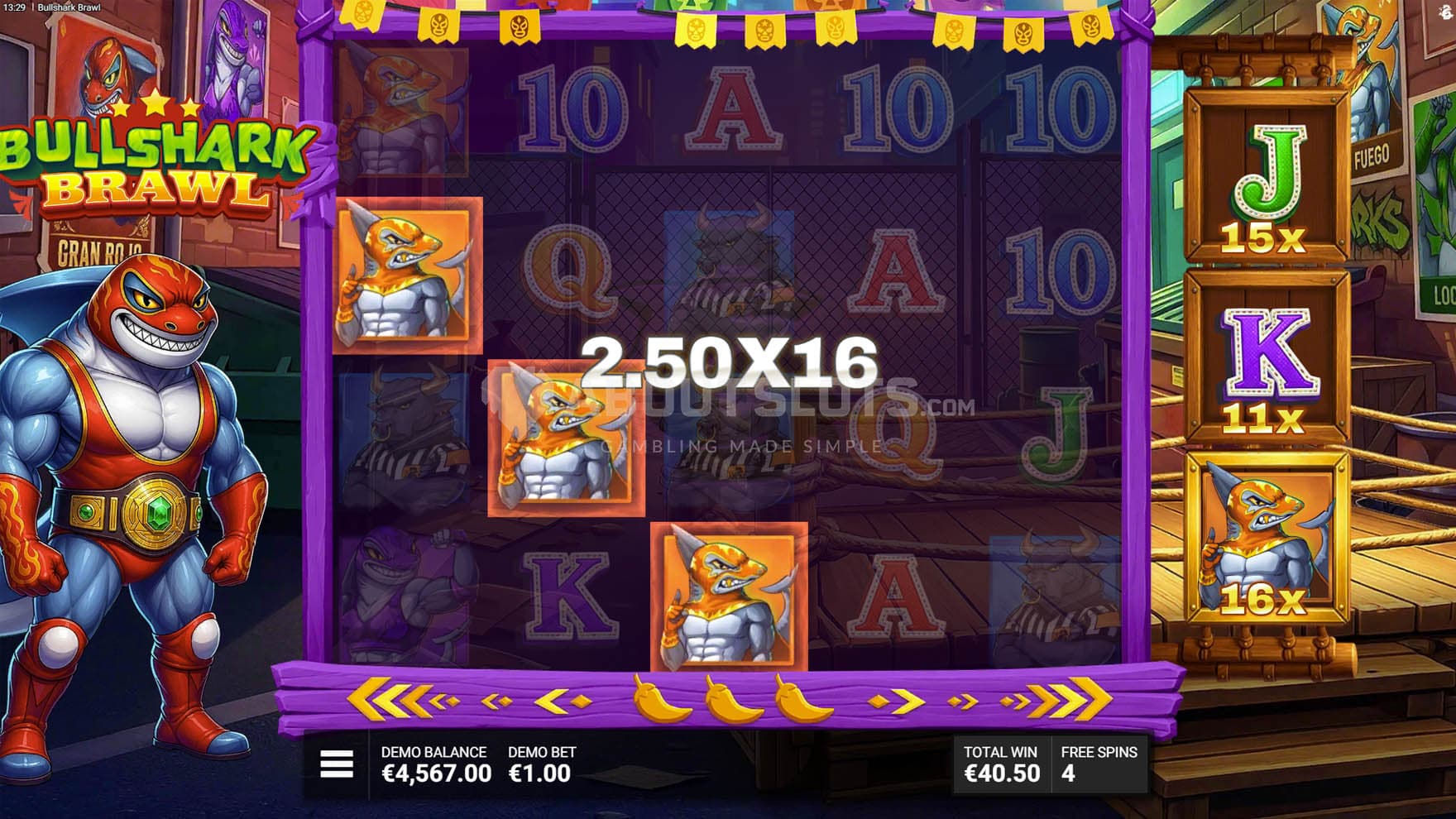 Screenshot of the Free Spins bonus in progress, showing a win on the high-paying symbol being multiplied by x16.