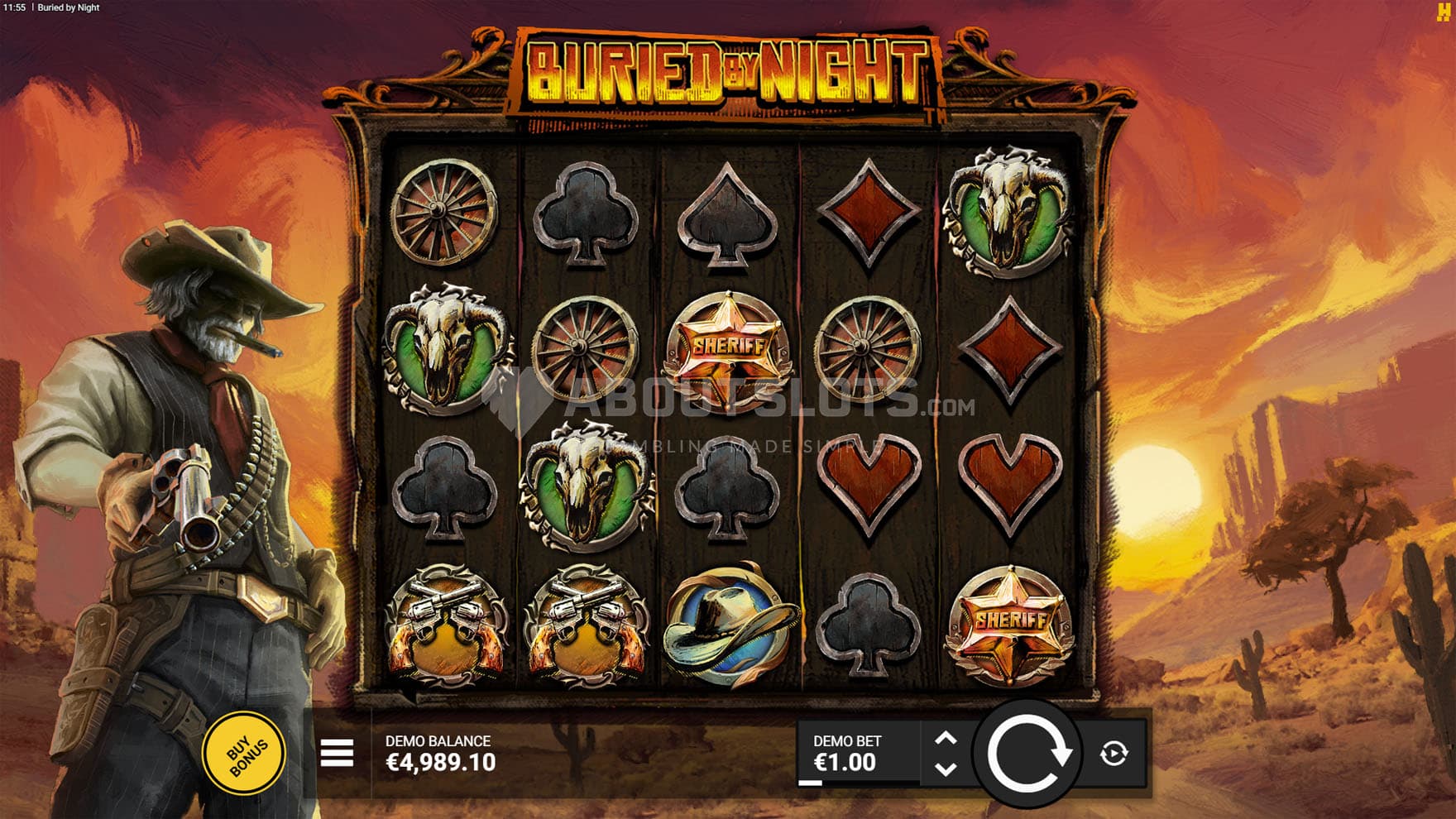 Screenshot of the base game, showing a 5x4 grid on a backdrop of a sunset view, with a gunslinger standing on the left.