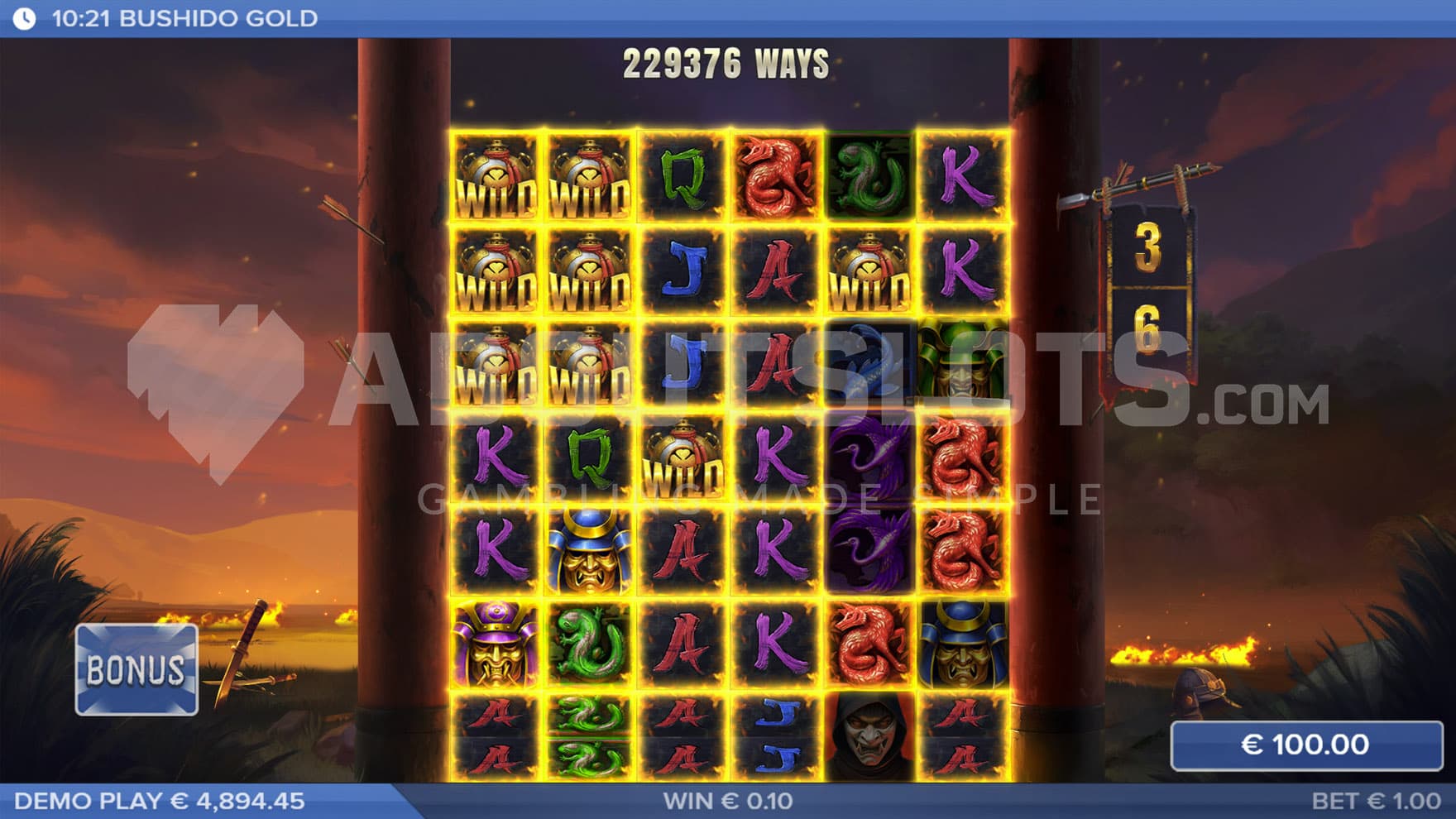 Bonus Game in progress, showing a win on multiple ways with several Wilds generated from activated features.