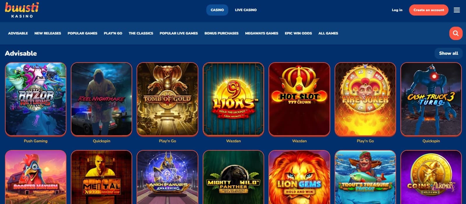 The games section of Buusti Casino presents a range of slot games, such as Reel Nightmare, Razor Returns, and more.