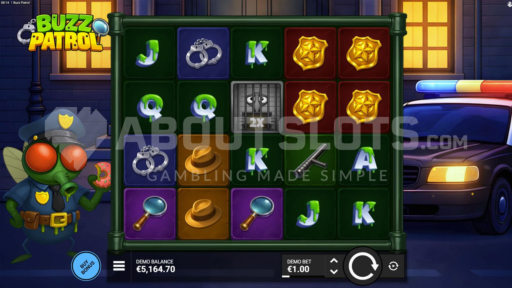 Base Game view of a 5x4 grid on a backdrop of a nighttime city, with a fly policeman standing on the left.