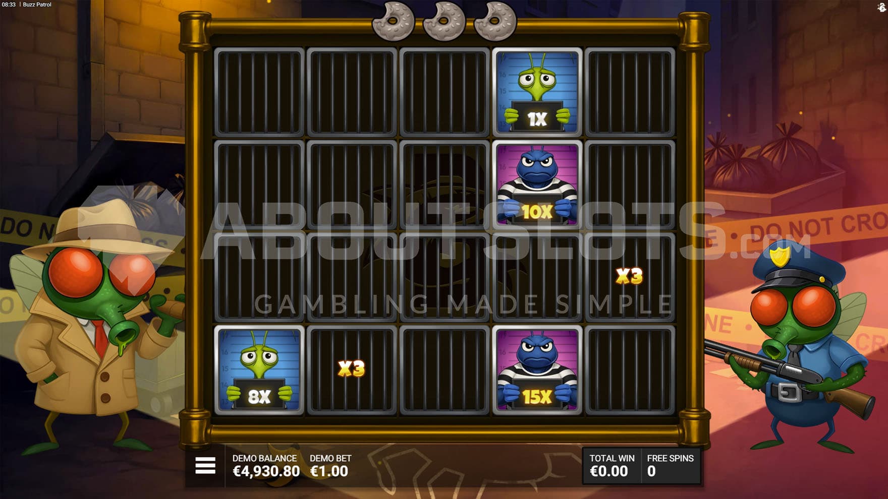 Patrol Duty Bonus in progress, showing several instant prize symbols on the grid.