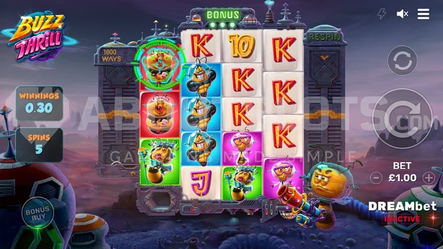 A bee shooting a gun towards the reels in the Free Spins.