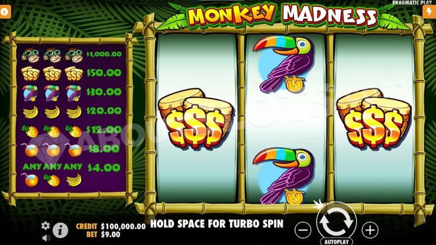 Base game where you can see the paytable for the symbols on the left side.