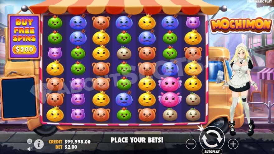 Base game where a bunch of Mochimons have landed on the reels.