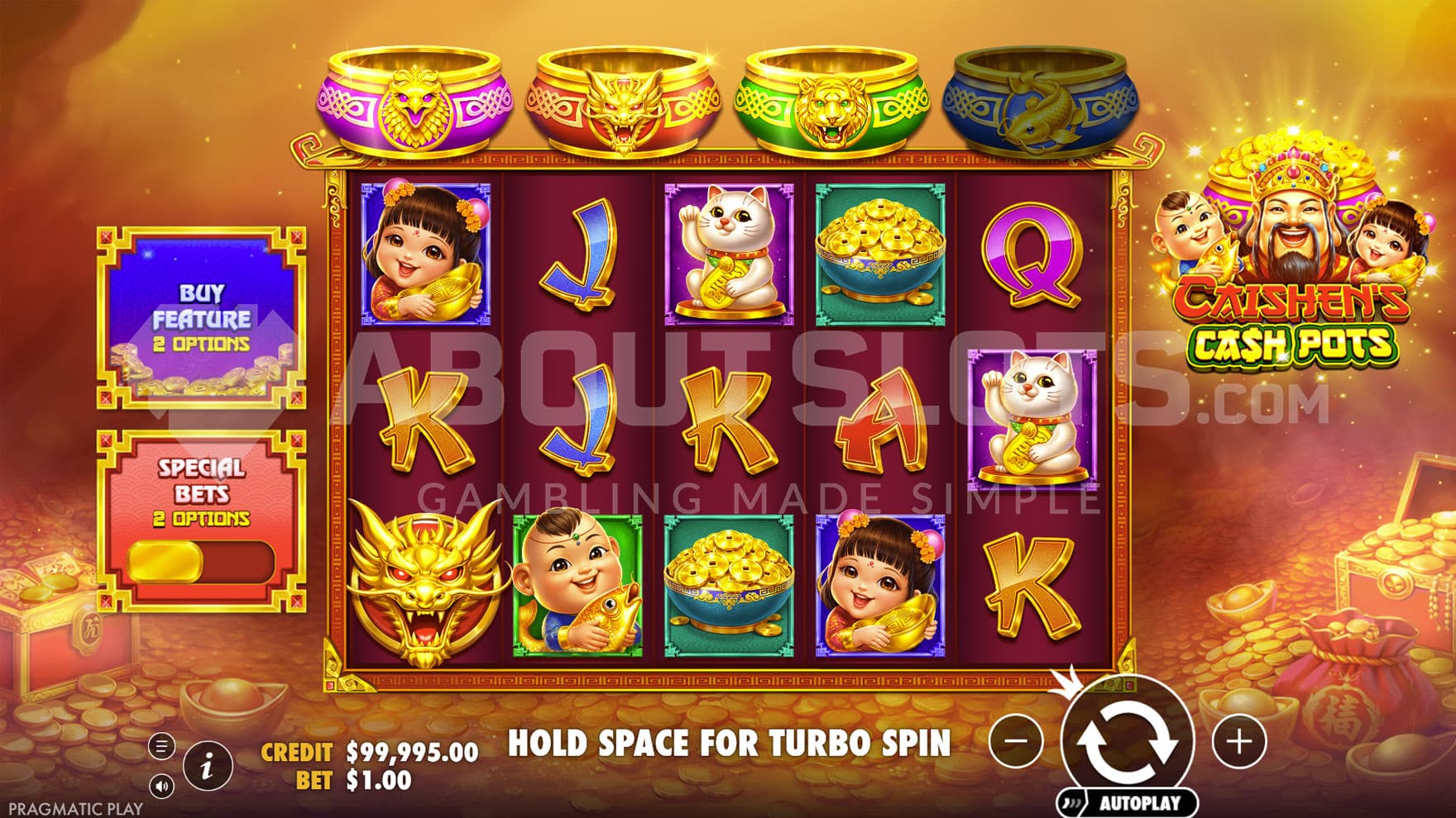 Base Game view of a 5x3 grid on a backdrop of an area filled with gold coins.