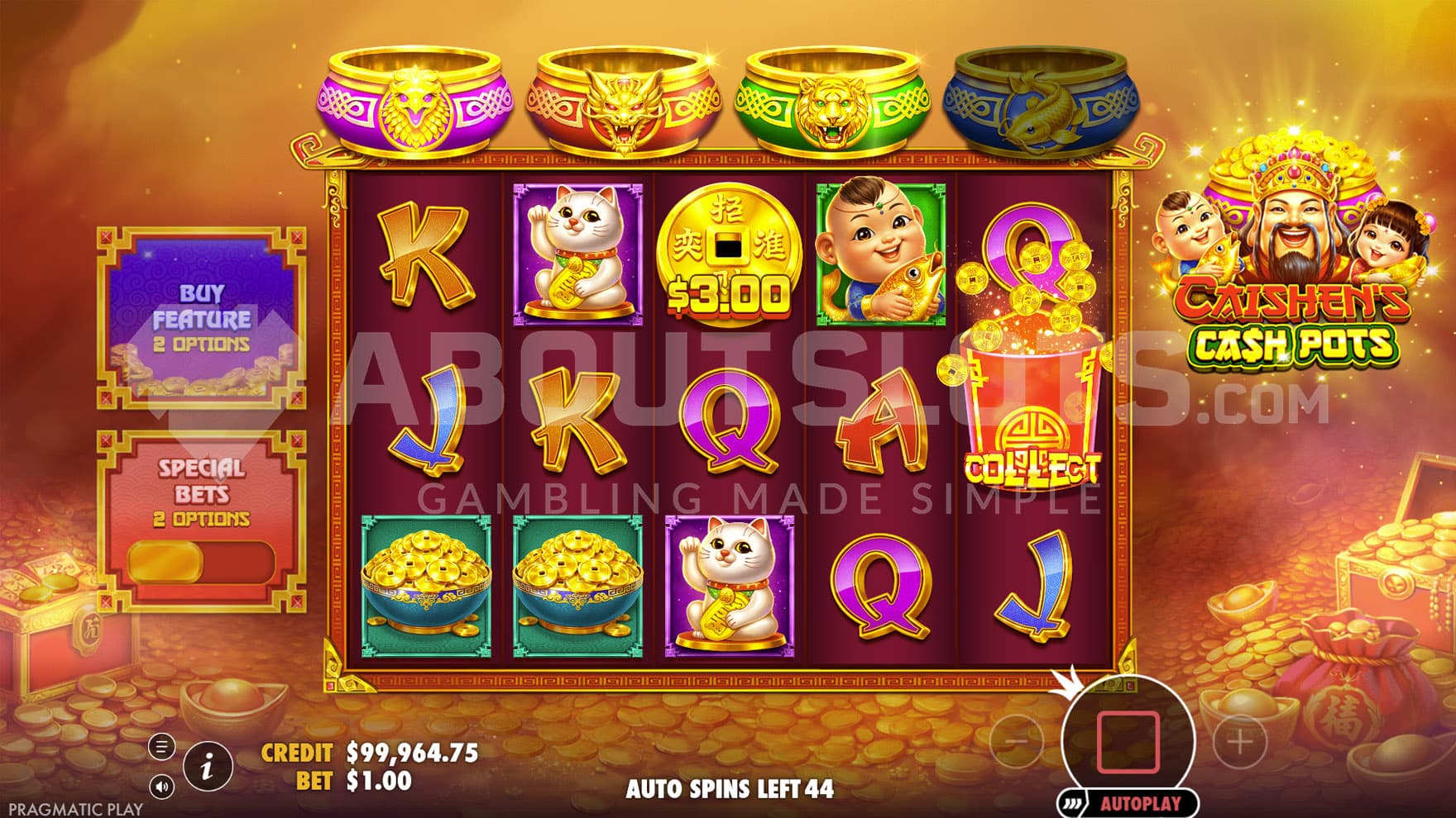 Cash Collect feature triggered in the base game, awarding a cash prize from a gold coin.