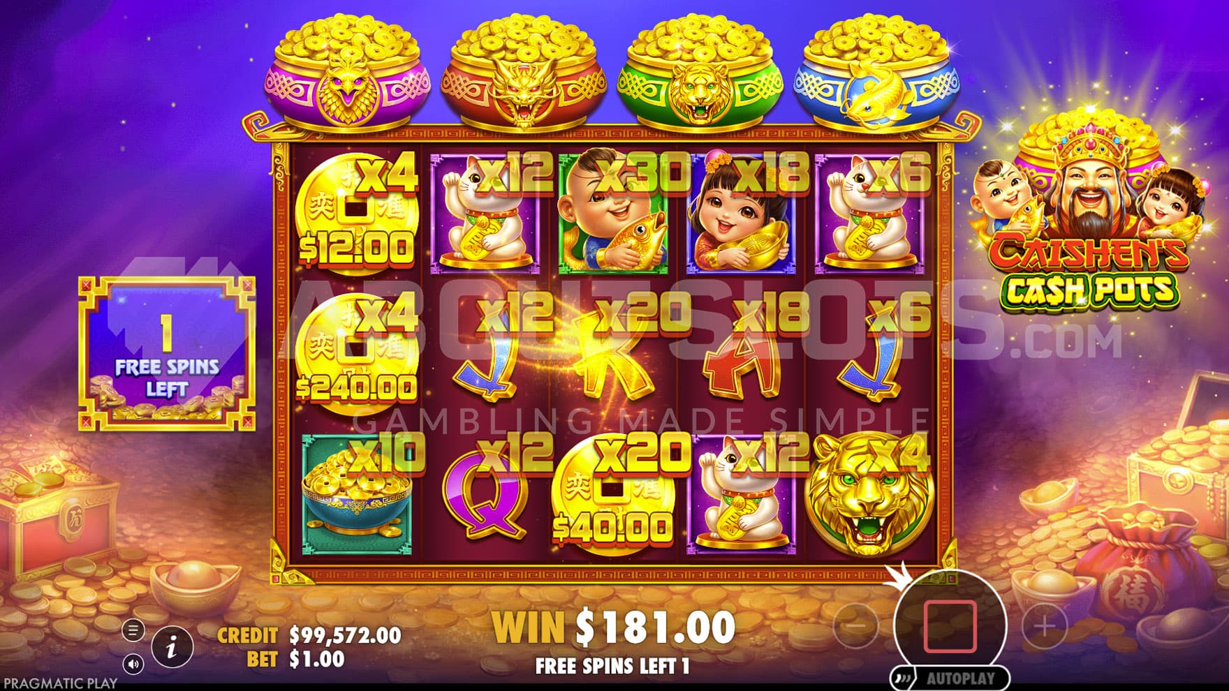 Free Spins bonus in progress, showing all positions of the grid with increased multipliers.