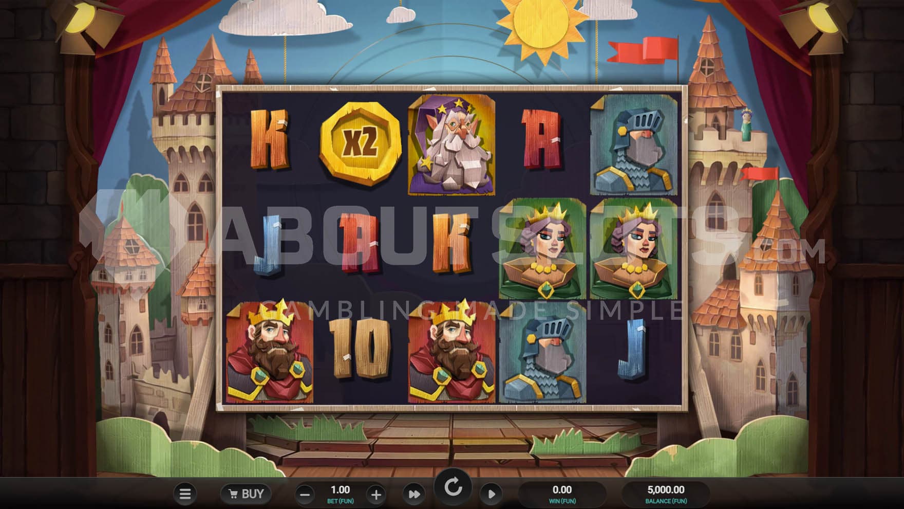 Base Game showing a 5x3 grid on the background of a scene with cardboard decorations in form of a medieval castle.