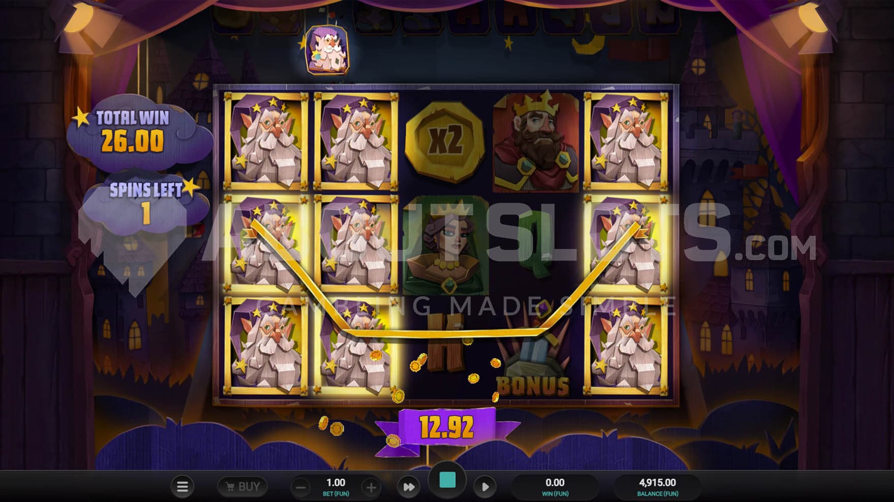 Free Spins bonus in progress with the wizard symbol selected as the Expanding Symbol that's achieving a win on 3 out of 5 reels.