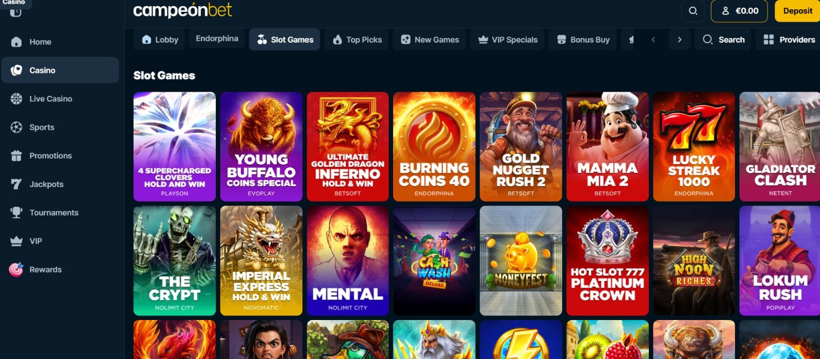 Campeonbet Casino games page featuring slot game icon images under main game categories and search and filter options
