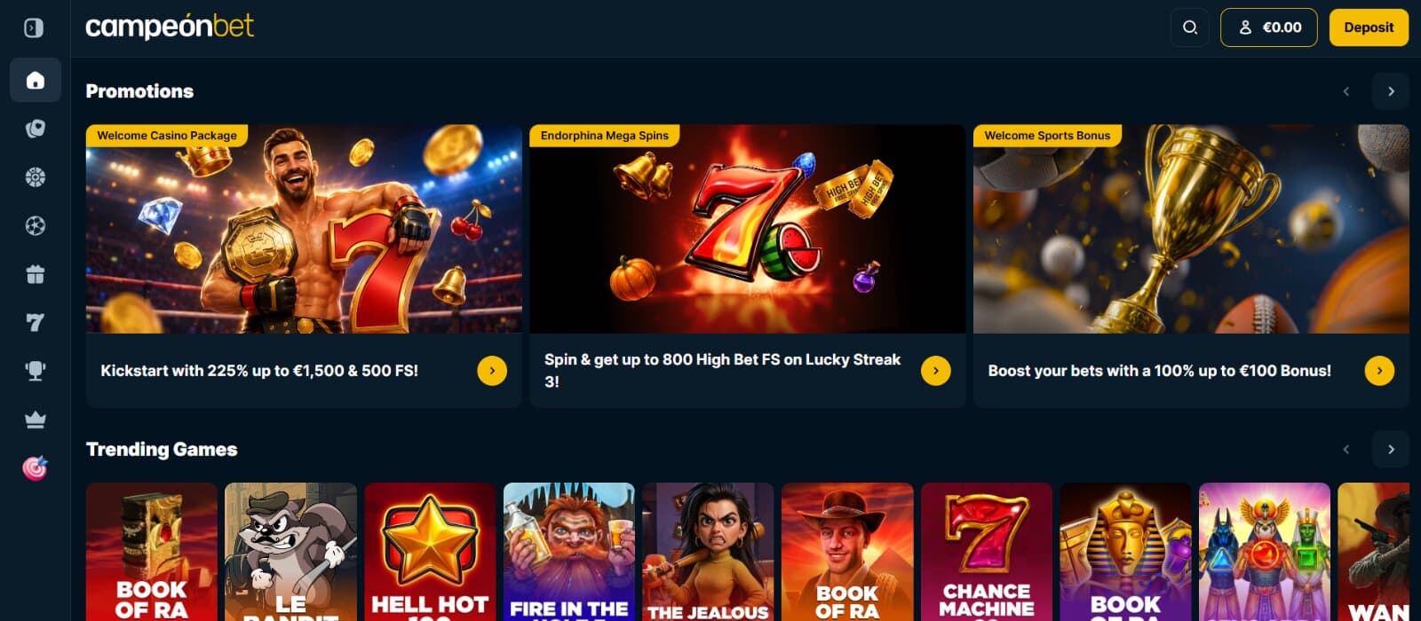 Campeonbet Casino landing page featuring the latest promotional banners, trending games section, with side navigational menu