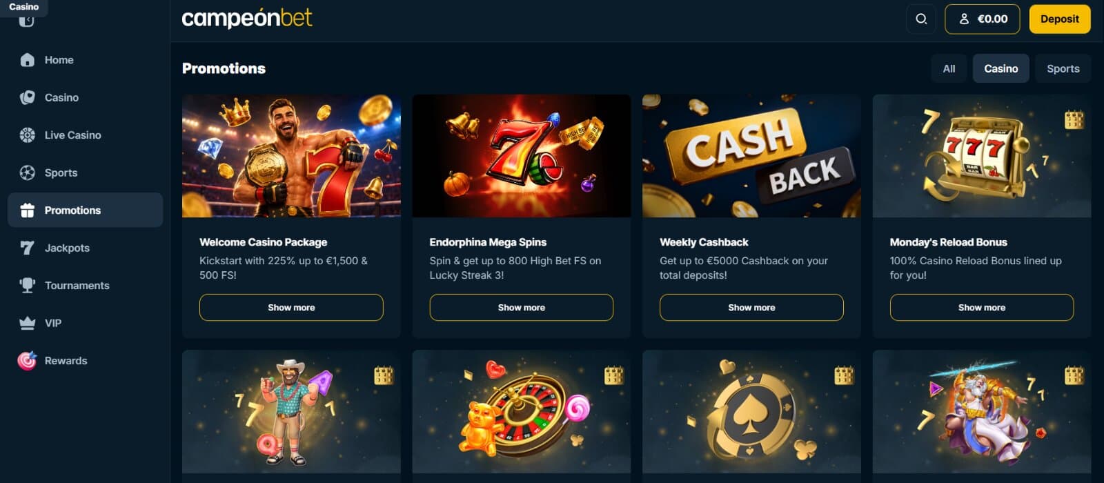 Campeonbet Casino promotions page featuring the welcome bonus, free spins promotions, cashback, and weekly reload options with respective banners and side menu