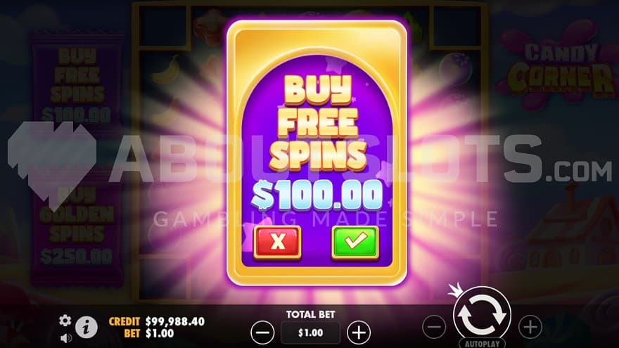 A screen offering the Free Spins for 100X the bet.