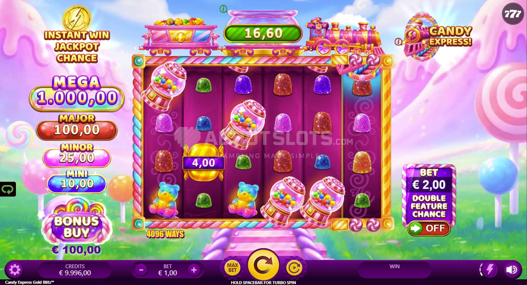 Base Game view of a 6x4 grid on a backdrop of a colourful candy land.