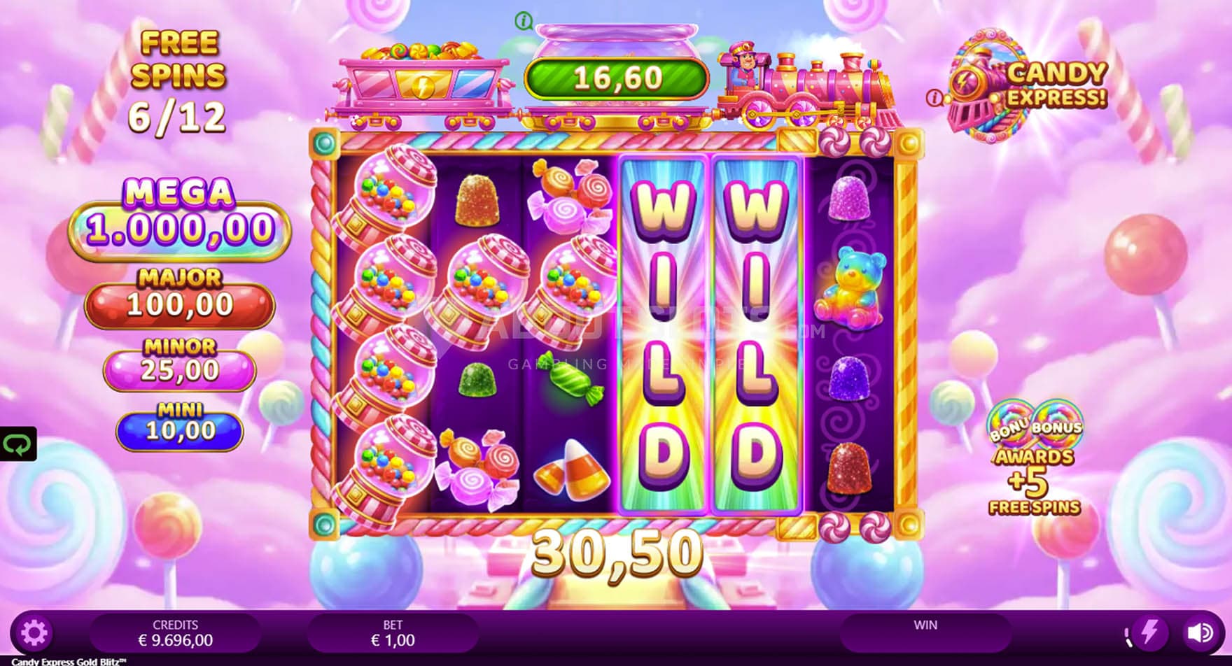Free Spins bonus in progress, showing a big win with 2 expanding wilds on reels 4 and 5.