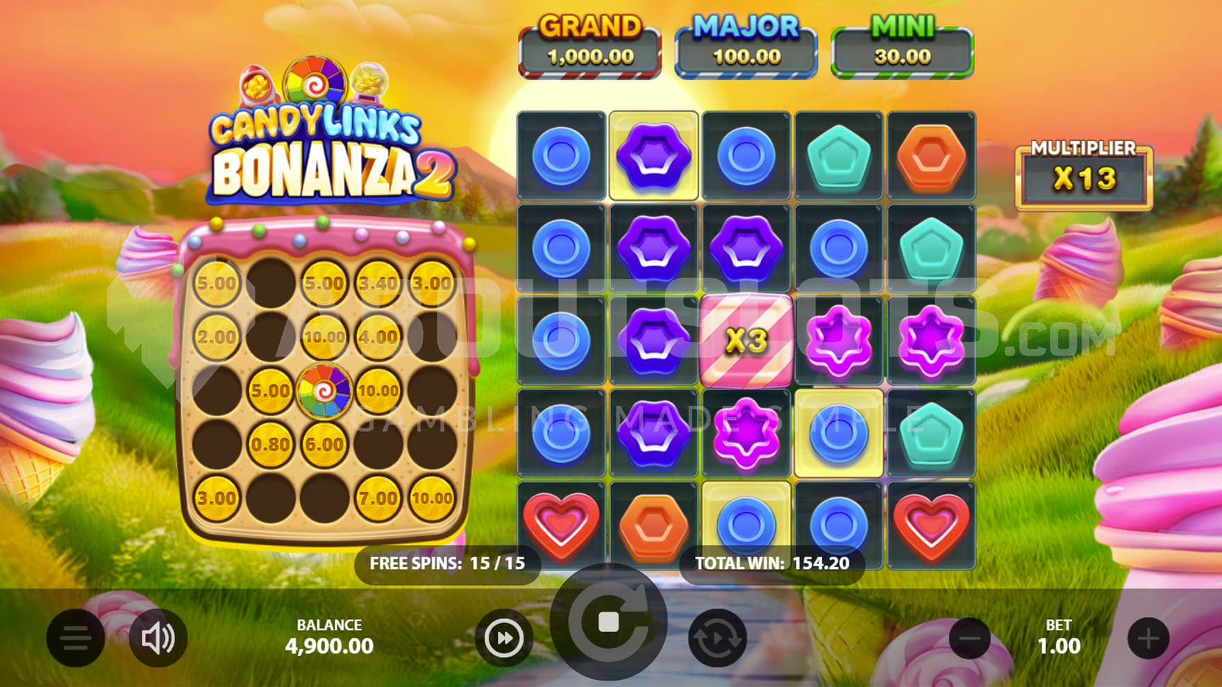 Free Spins bonus in progress with multiple coins accumulated on the extra grid and an x13 global win multiplier.