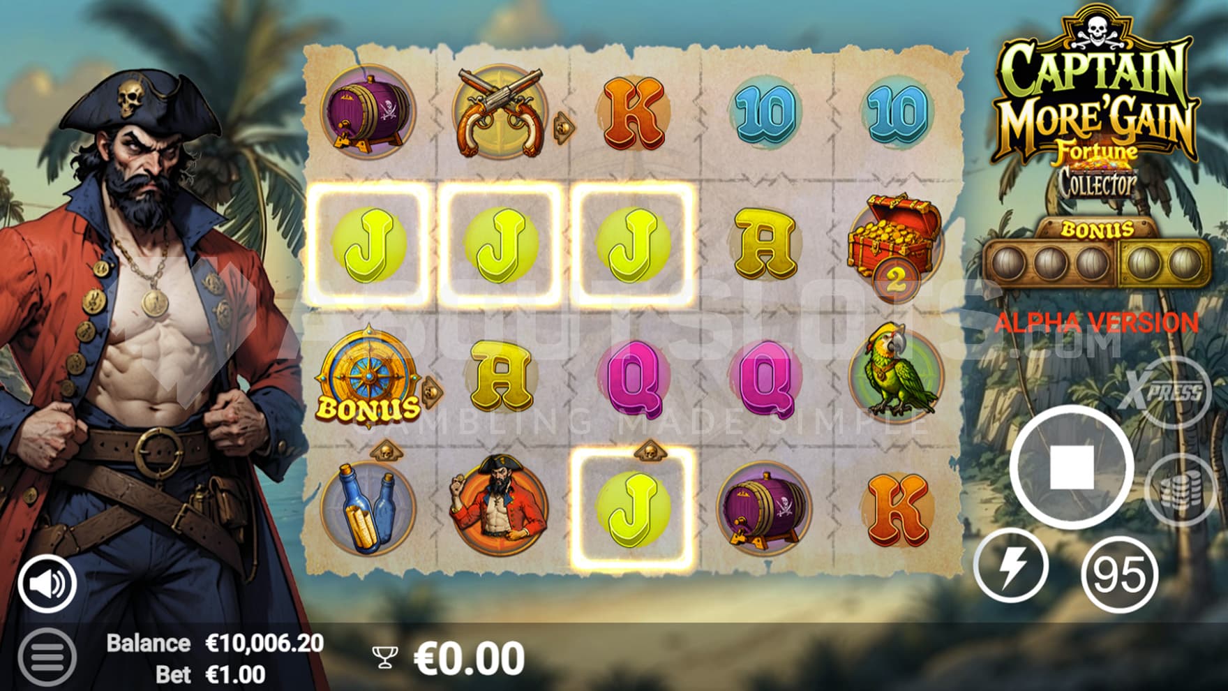 Base Game view of a 5x4 grid on a backdrop of tropical islands, with the captain standing on the left.