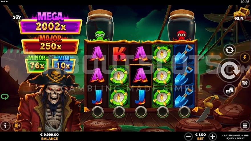 A casino slot with a pirate next to the reels.