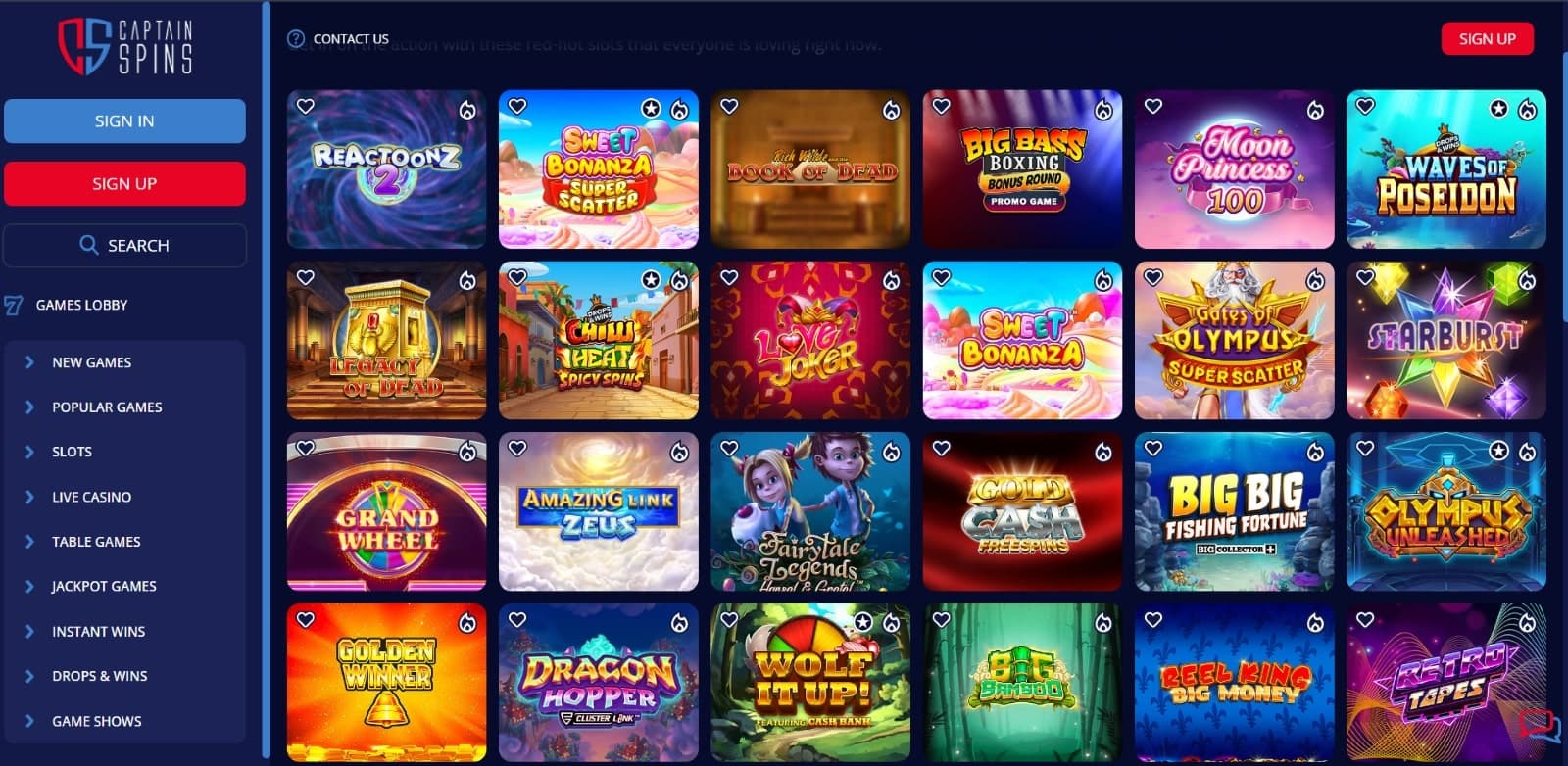 Captain Spin casino games page features popular slot such as Reactoonz, Sweet bonanza, and Moon Princess 100