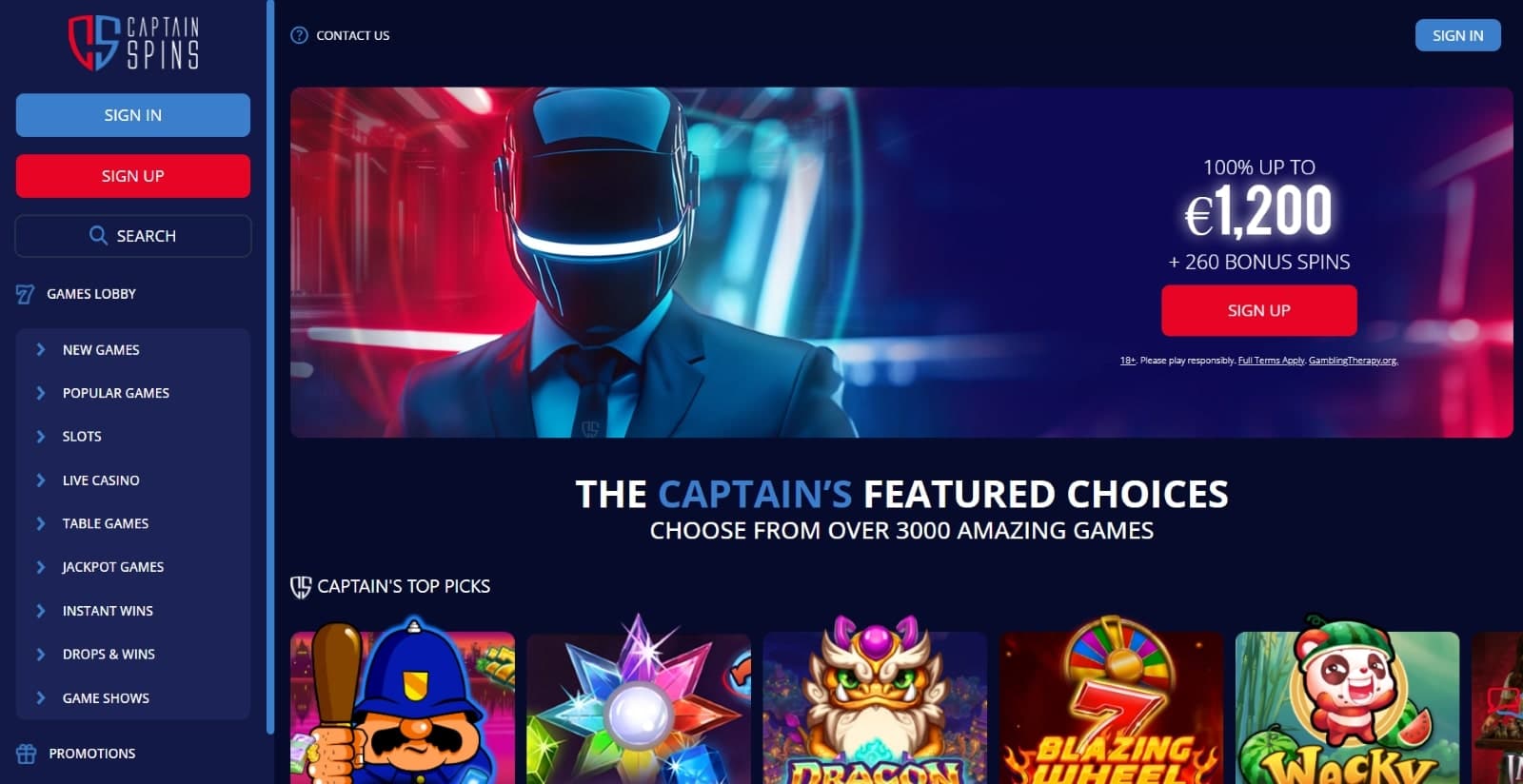 Captain Spins casino landing page featuring the 1200 euro welcome package and the captain's featured games