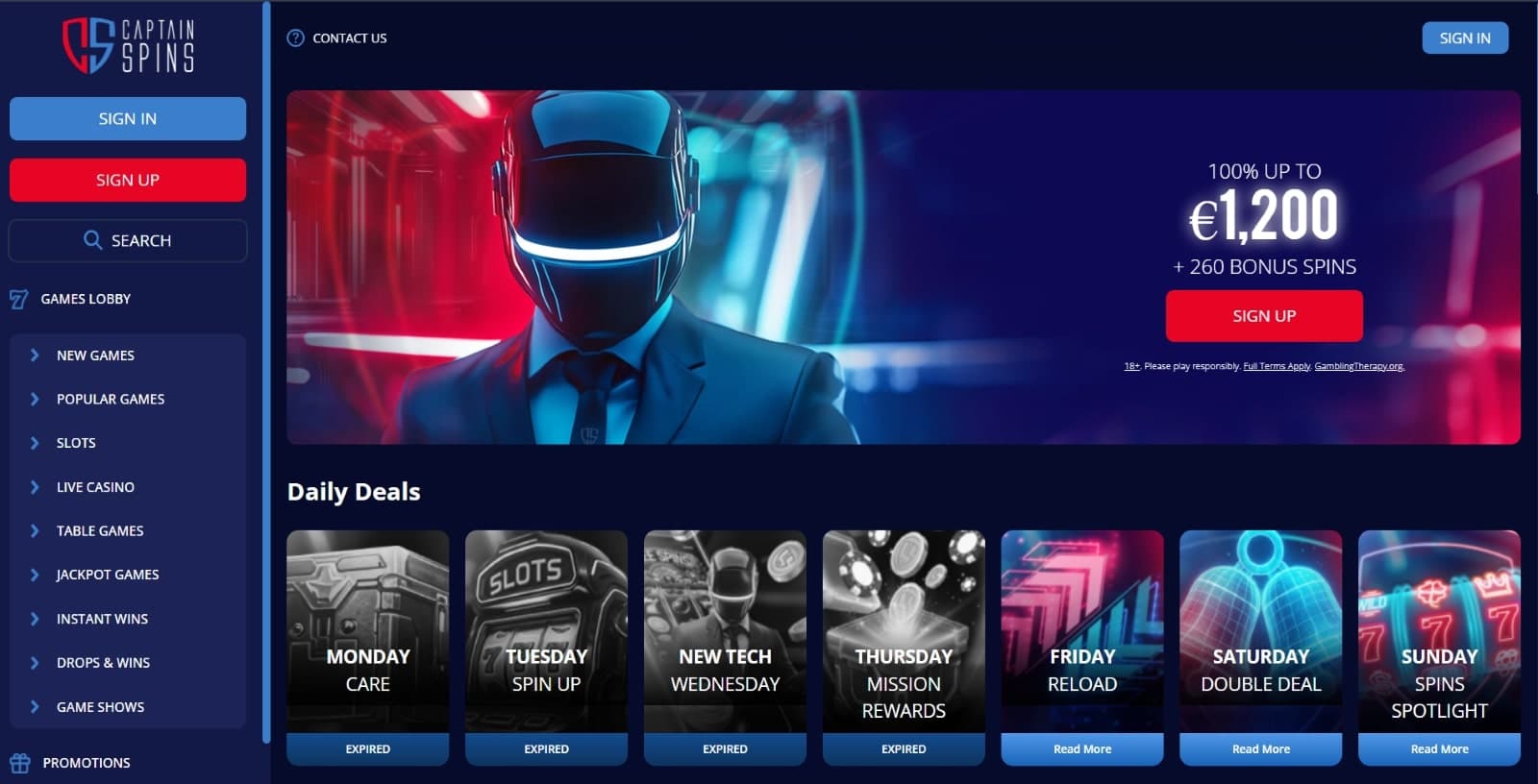 Captain Spins Casino promotions page listing the welcome bonus of 1200 euros and daily rewards
