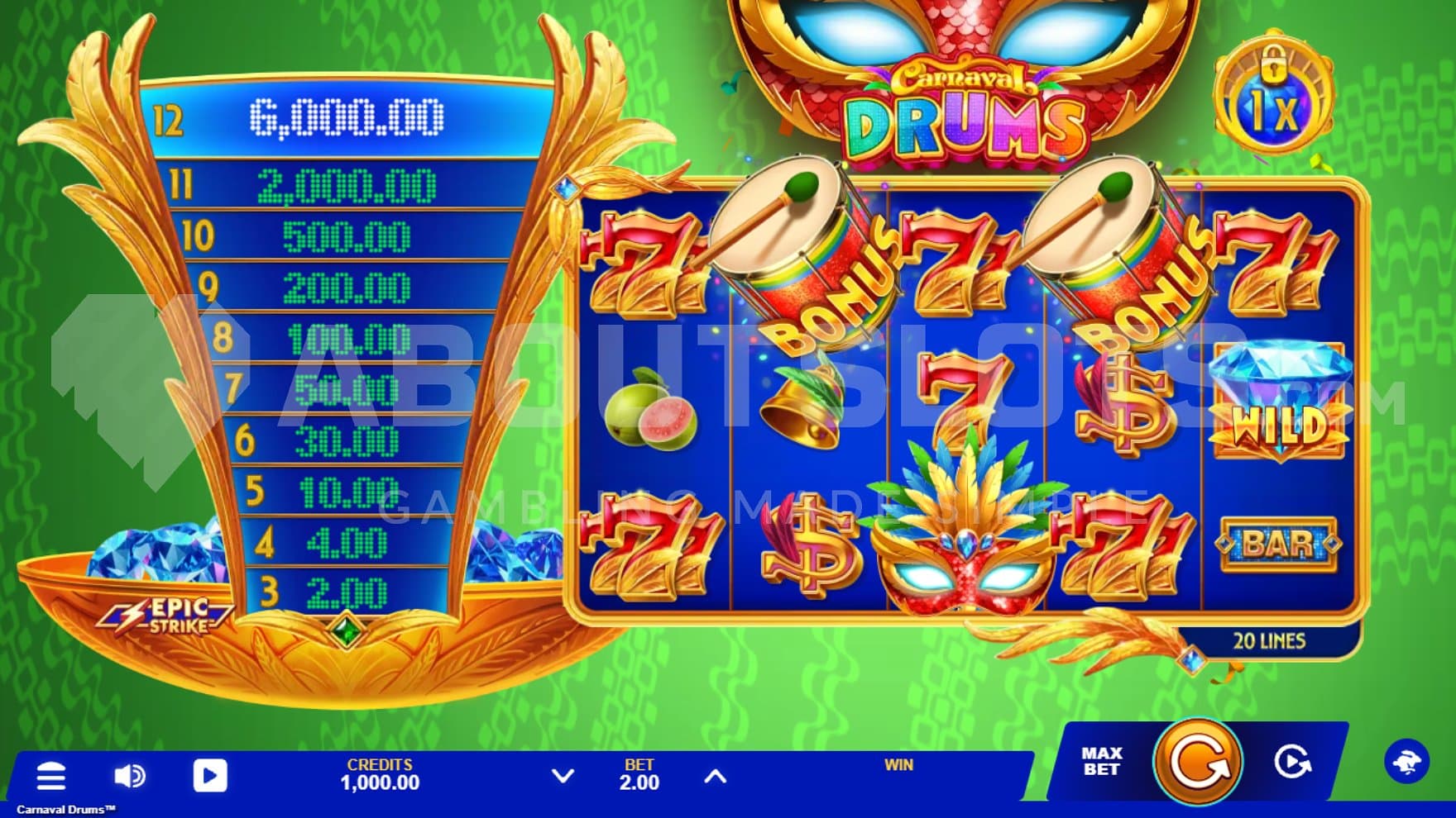 A casino slot with 5 reels.