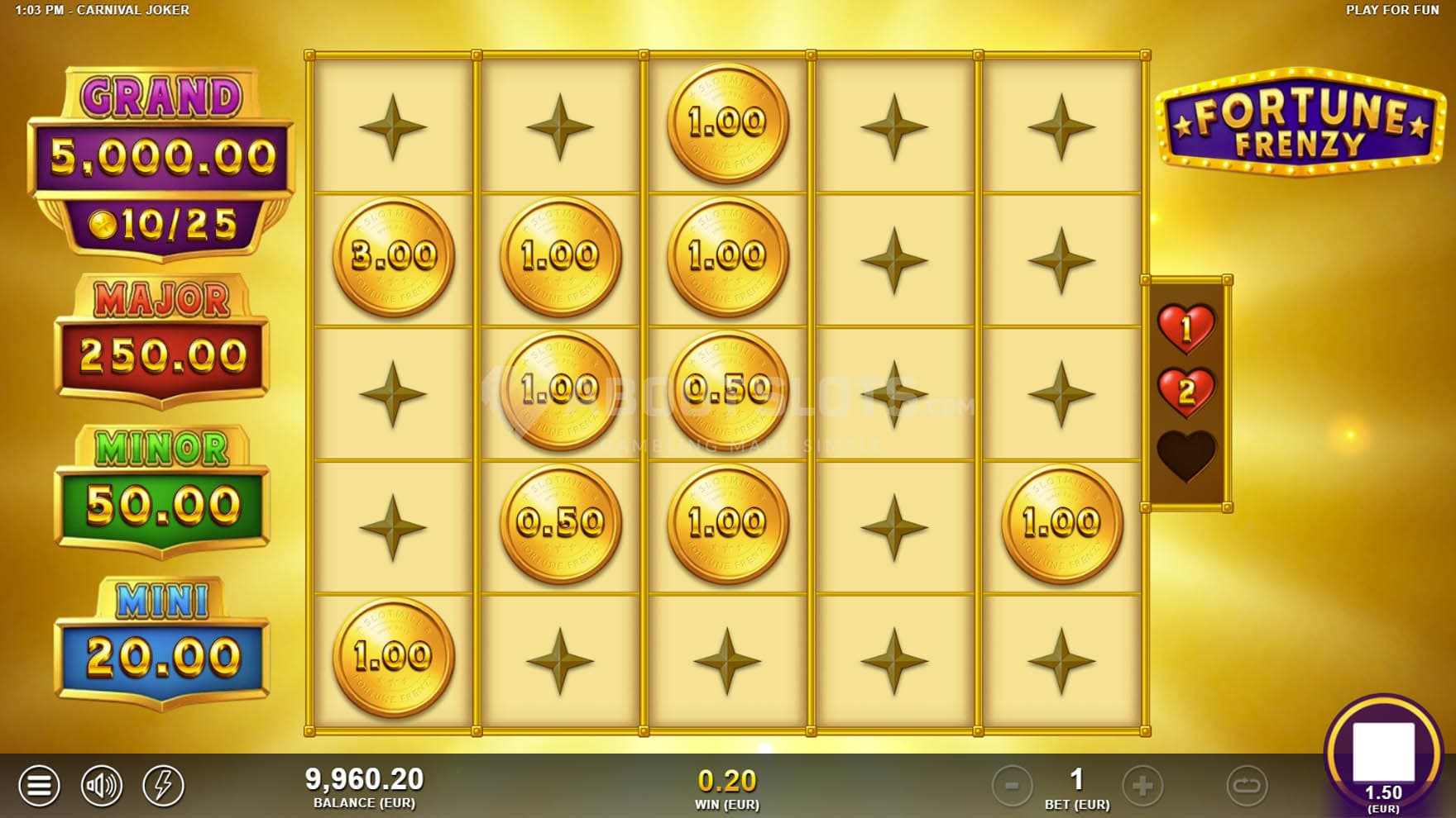 Screenshot of the Fortune Frenzy Bonus in progress, with multiple cash symbols locked on the reels.