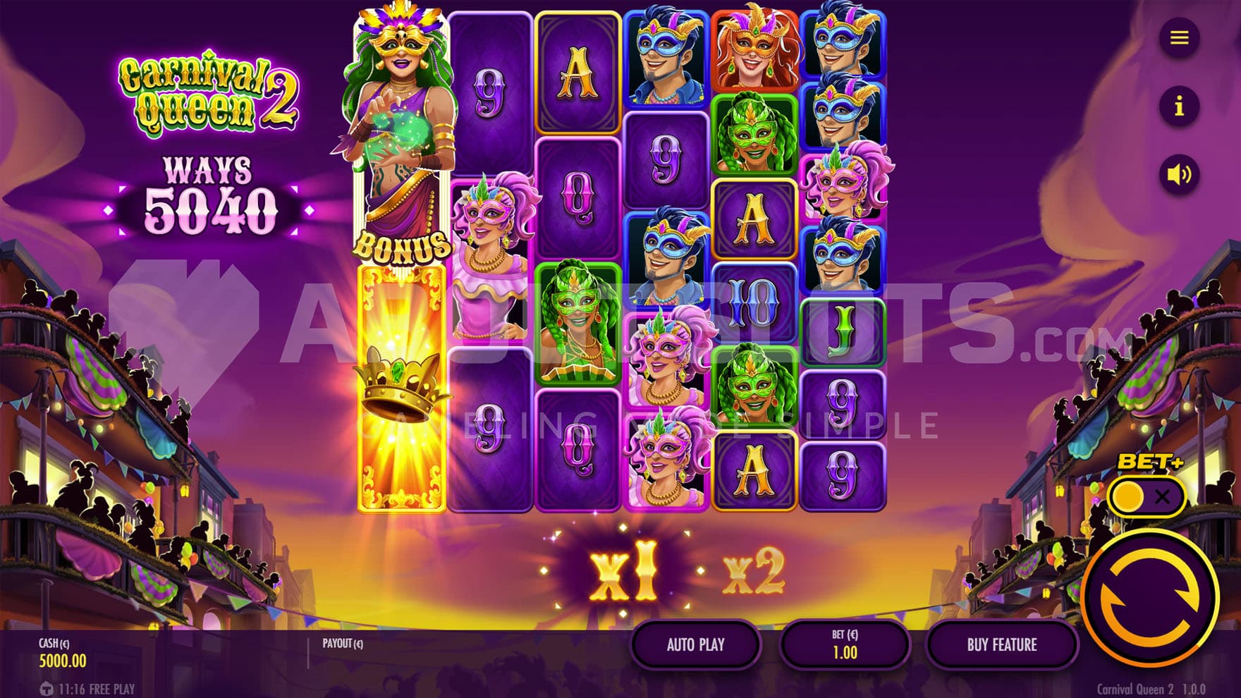 Base Game view of a 6-reel grid on a backdrop of a town celebrating with fireworks.