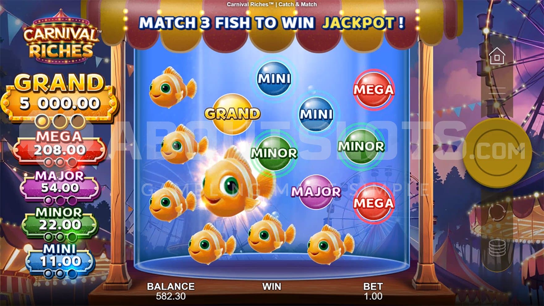 A screen with yellow gold fish to pick.