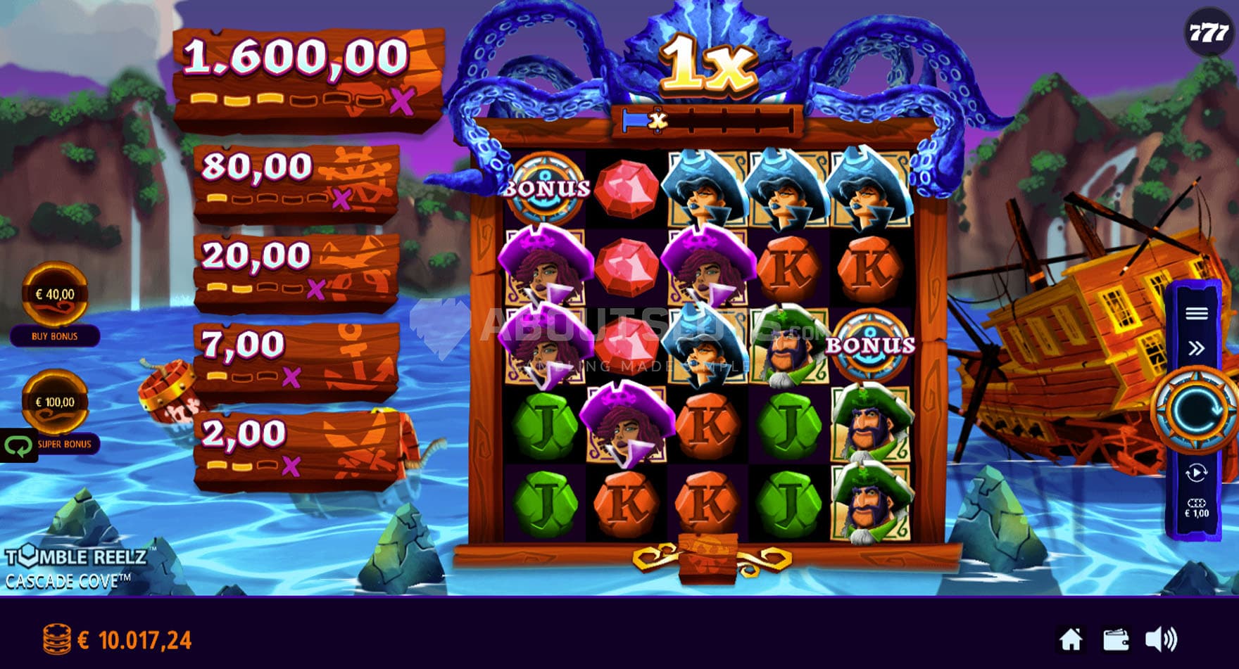 Screenshot of a base game, showing a 5x5 grid on a backdrop of a cartoon cove with a shipwreck.