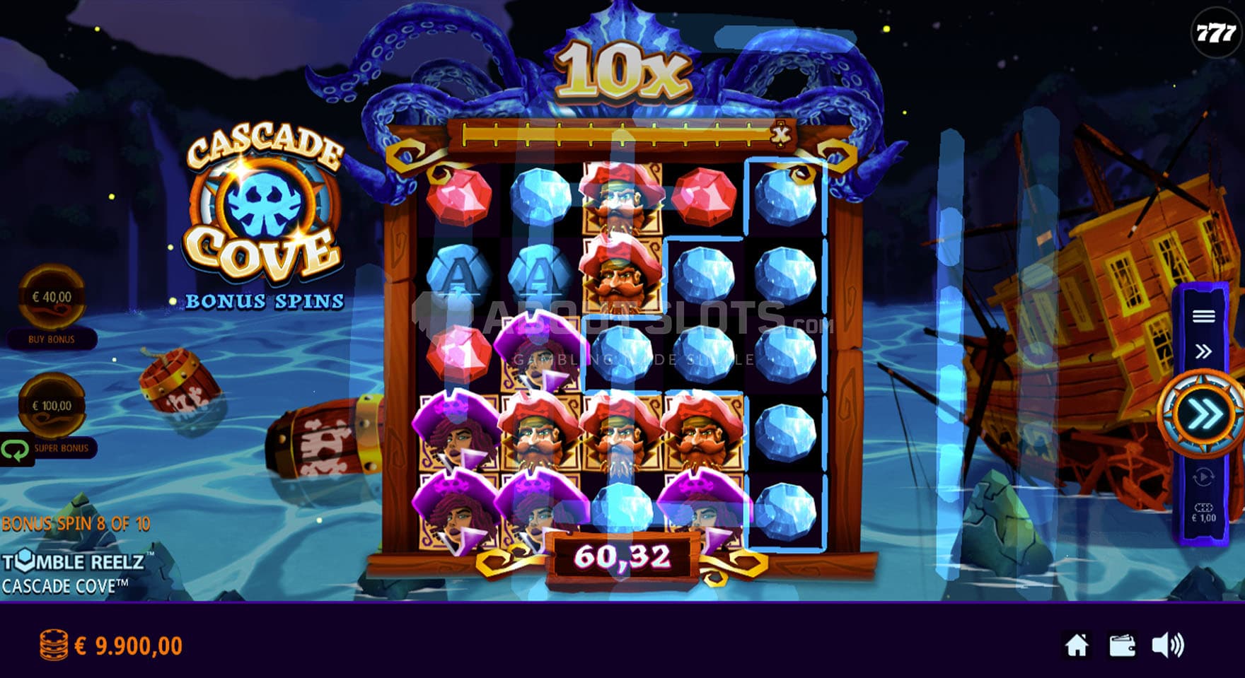 Screenshot of Bonus Spins, with the win multiplier increased to x10.