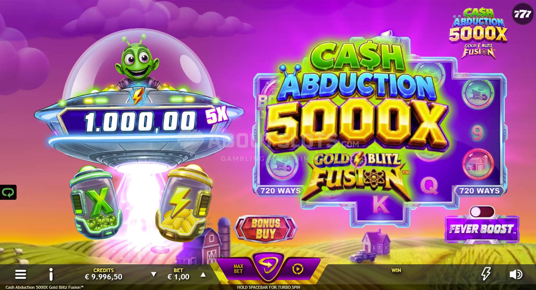 Screenshot of the base game, showing a 5-reel grid on a backdrop of a countryside, with an alien spaceship on the left.