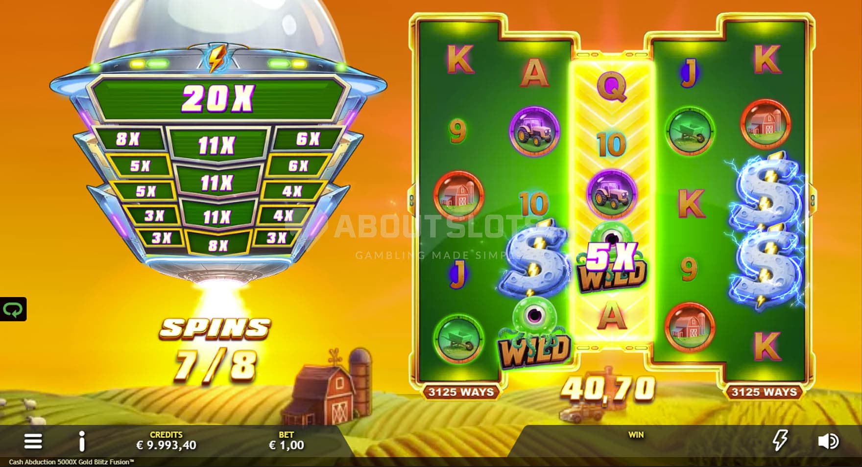 Screenshot of the Wild Fusion bonus in progress, showing a Wild being awarded an x5 multiplier.