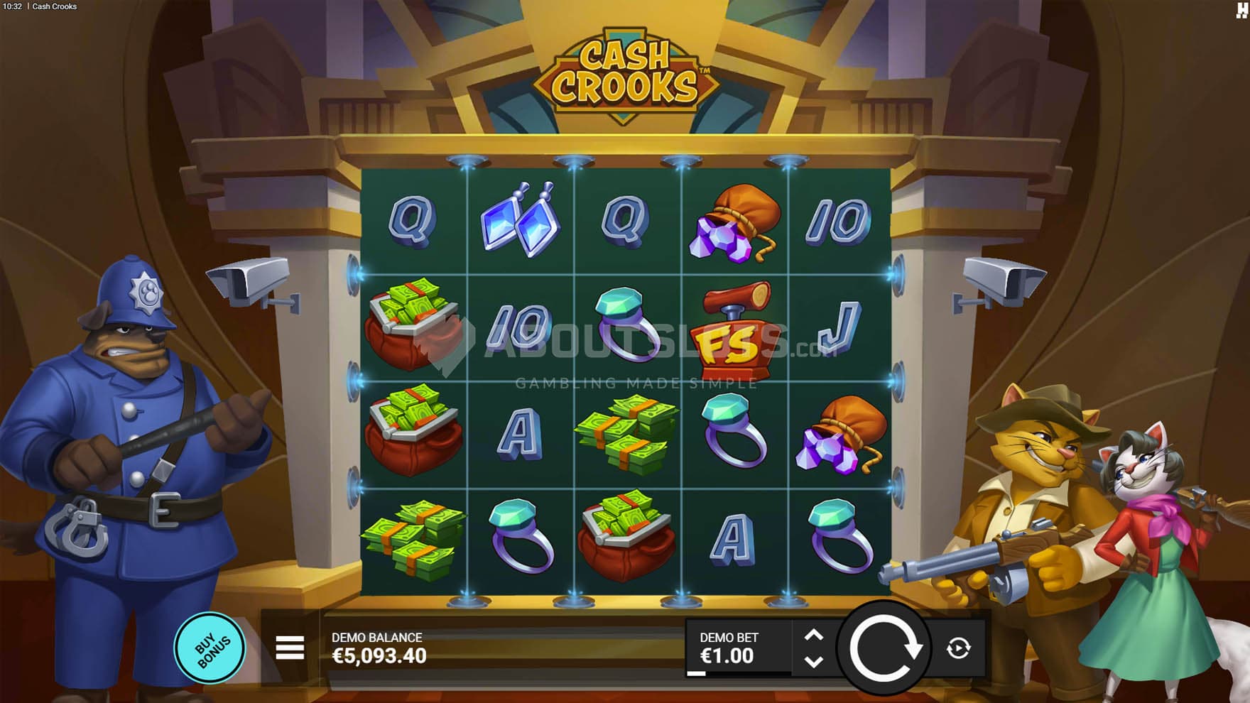 Screenshot of the base game, showing a 5x4 grid in a stone frame, with a dog policeman and cat criminals on both sides.